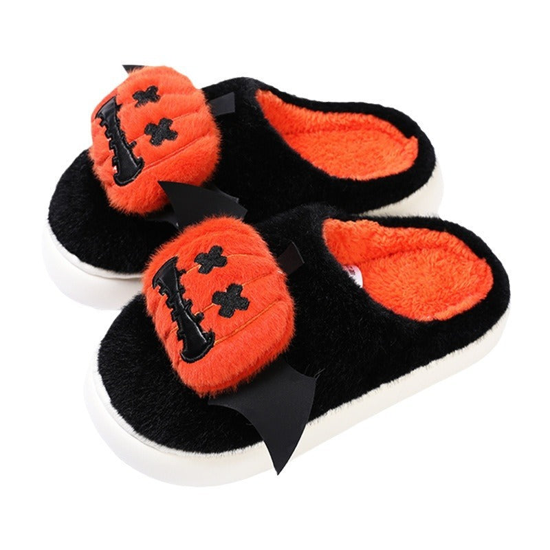 Pantuflas de calabaza divertidas de dibujos animados de Halloween con diseño de alas pequeñas, pantuflas de algodón antideslizantes para el suelo del dormitorio, pantuflas de casa de invierno para parejas