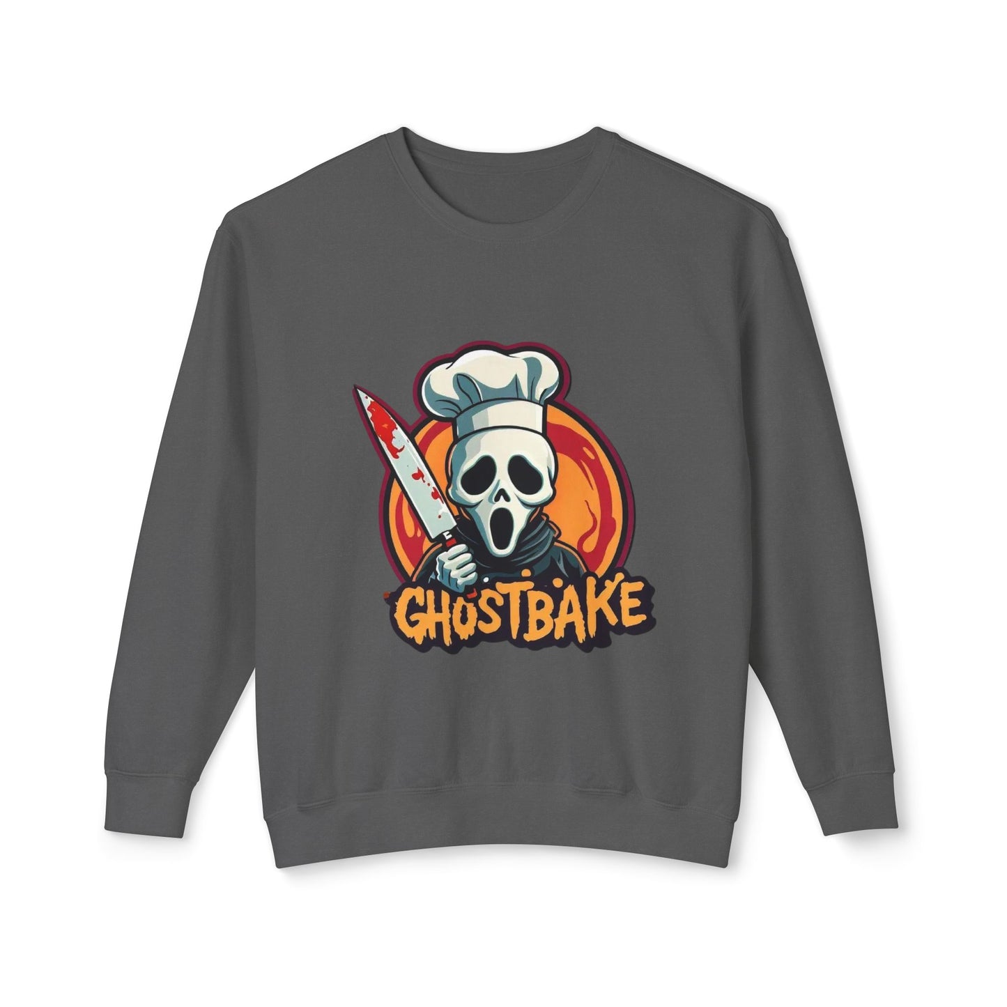 Sudadera unisex ligera con cuello redondo Ghostbake (delante y detrás)