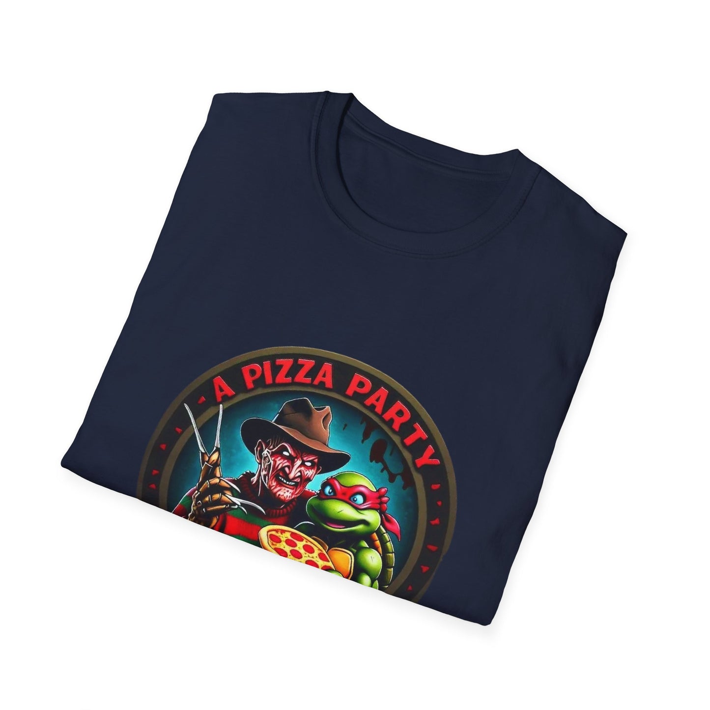 Camiseta unisex de estilo suave Una fiesta de pizza en Elm Street (parte delantera y trasera)