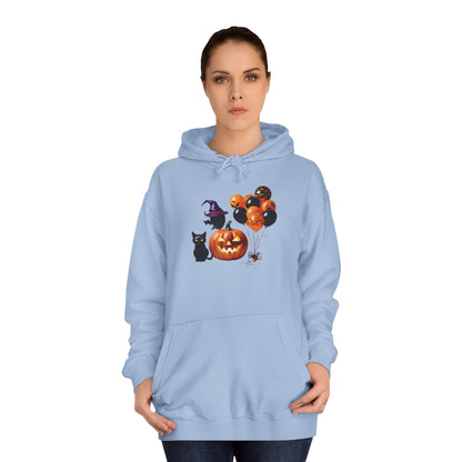 Sudadera unisex universitaria con capucha de gato negro y calabaza de Halloween