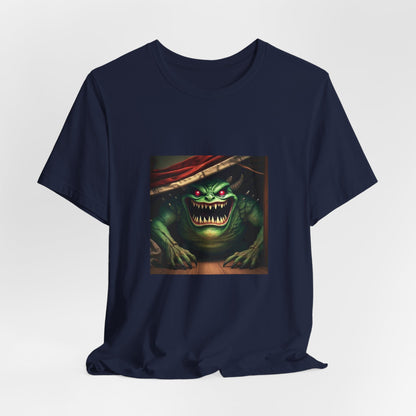 Camiseta unisex de manga corta con el monstruo ladrón de calcetines debajo de la cama