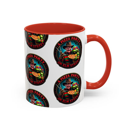 Taza de café decorativa con diseño de fiesta de pizza en Elm Street (11 y 15 oz)