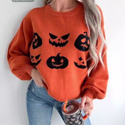 Suéter naranja con cara de calabaza para Halloween para mujer