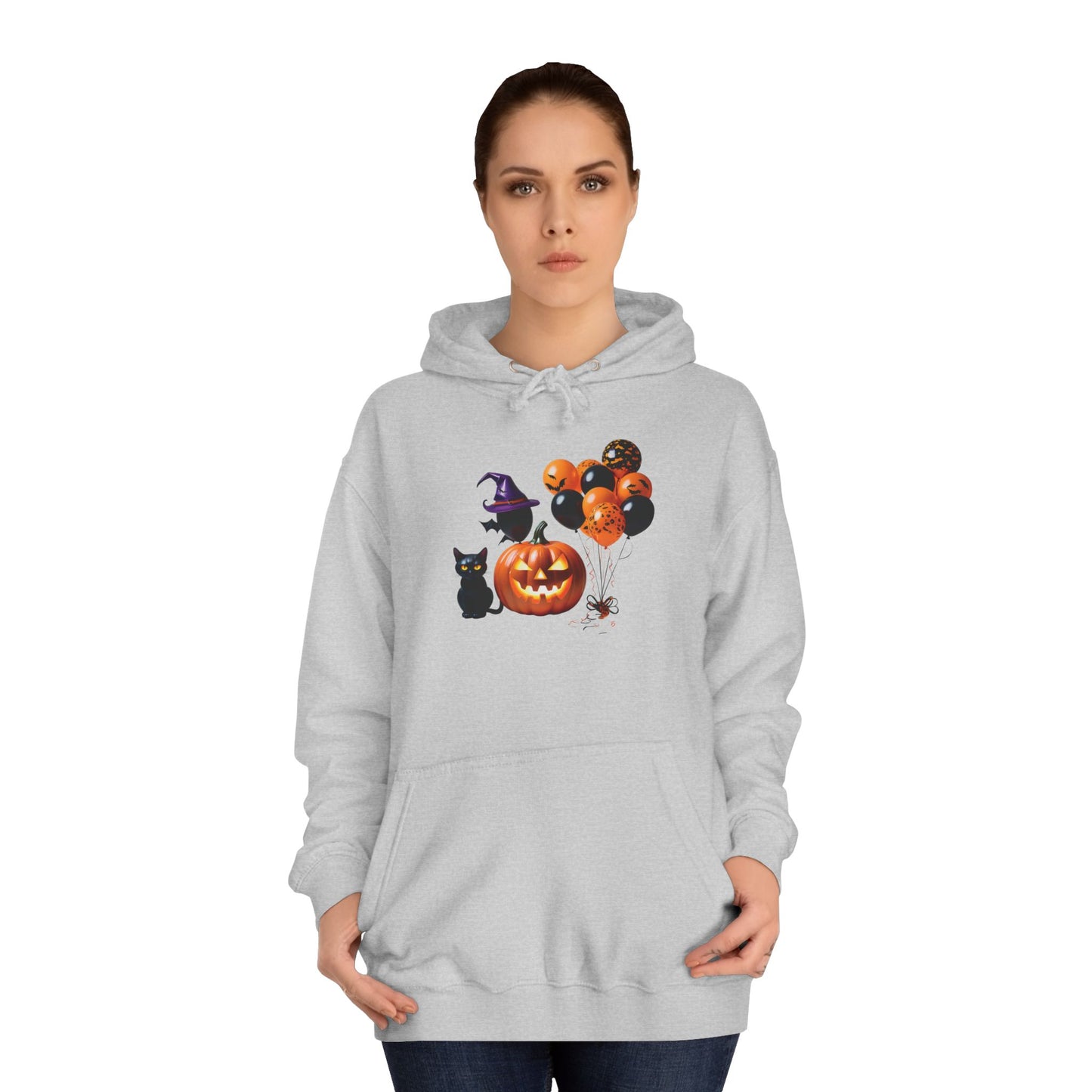 Sudadera unisex universitaria con capucha de gato negro y calabaza de Halloween