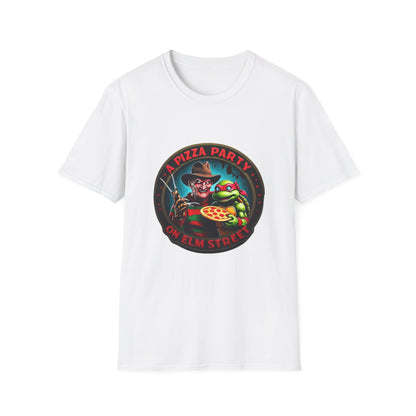 Camiseta unisex de estilo suave Una fiesta de pizza en Elm Street (parte delantera y trasera)