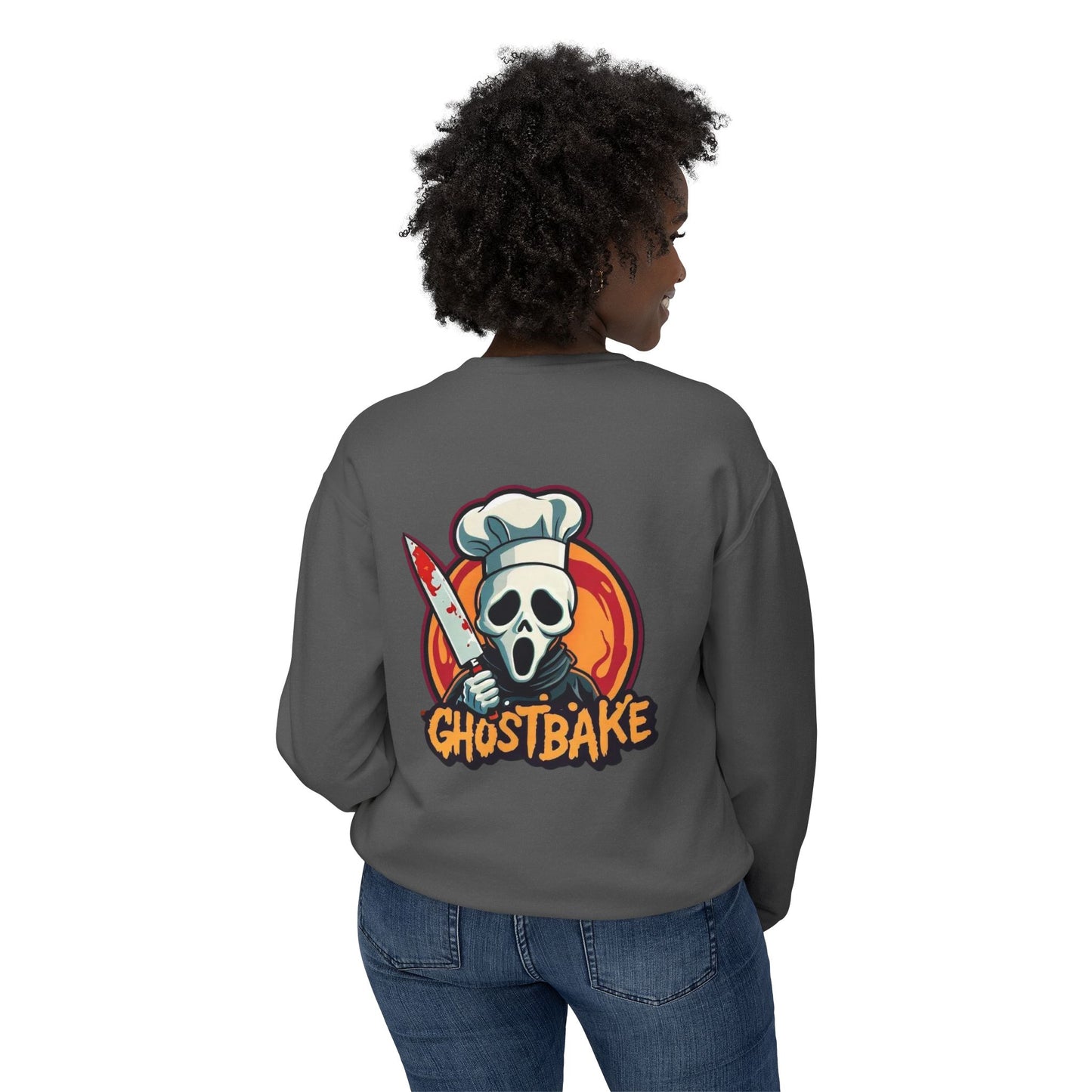 Sudadera unisex ligera con cuello redondo Ghostbake (delante y detrás)