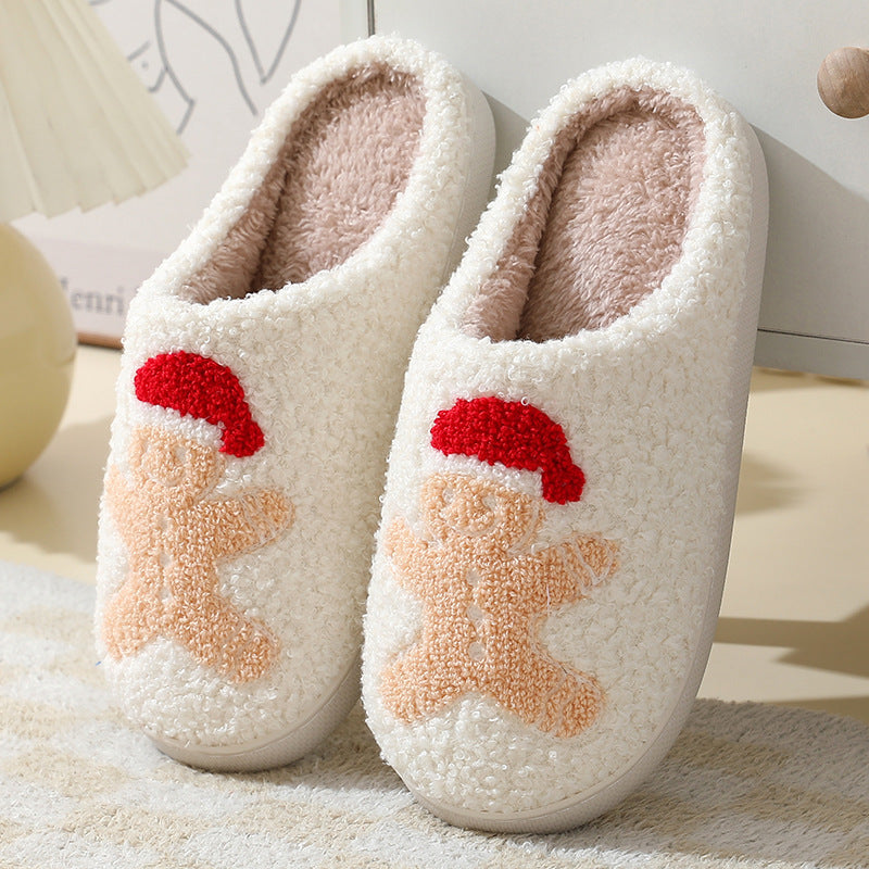 Zapatillas de casa navideñas con bonitos dibujos de Papá Noel, zapatillas de algodón para mujeres y hombres, zapatos cálidos y peludos para el invierno