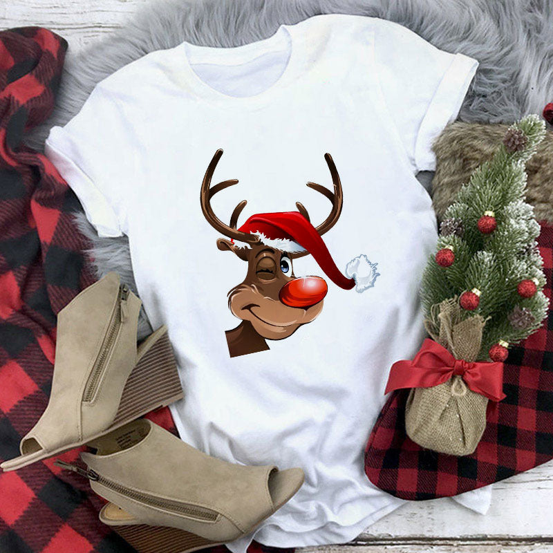 Christmas Movie Print Crew Neck T-shirt Women