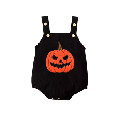 Mono infantil unisex de pana con bordado de toalla y tirantes de calabaza para Halloween