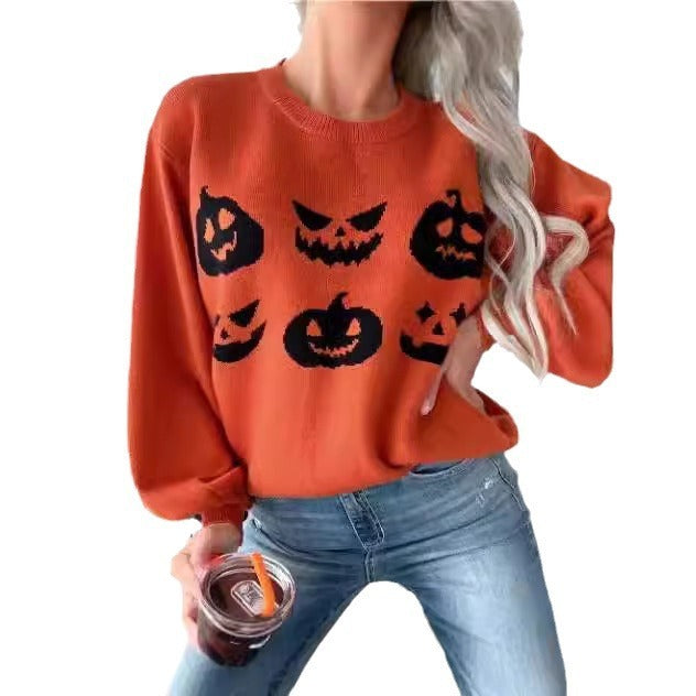 Suéter naranja con cara de calabaza para Halloween para mujer