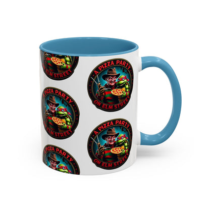 Taza de café decorativa con diseño de fiesta de pizza en Elm Street (11 y 15 oz)