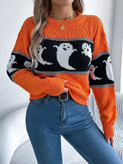 Halloween Ghost Contrast Color Knitted Long-sleeved Pullover