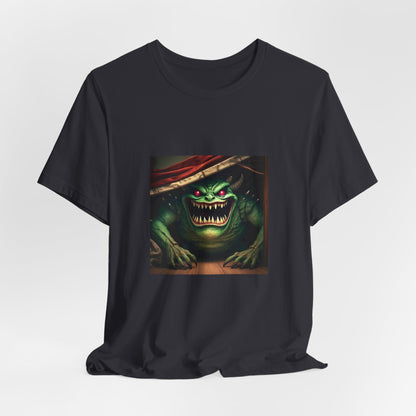 Camiseta unisex de manga corta con el monstruo ladrón de calcetines debajo de la cama