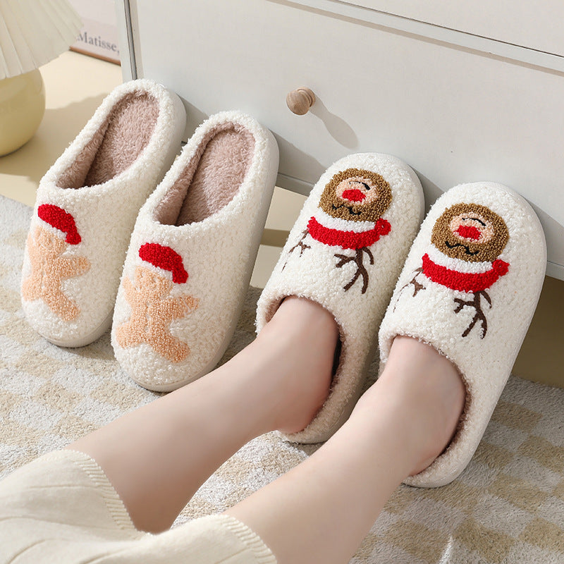 Christmas Home Slippers Cute Cartoon Santa Claus Cotton Slippers For Women And Men Couples Winter Warm Furry Shoes