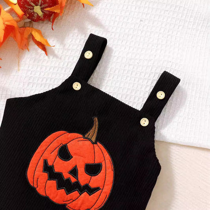 Mono infantil unisex de pana con bordado de toalla y tirantes de calabaza para Halloween