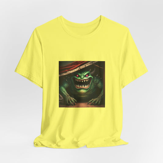 Camiseta unisex de manga corta con el monstruo ladrón de calcetines debajo de la cama