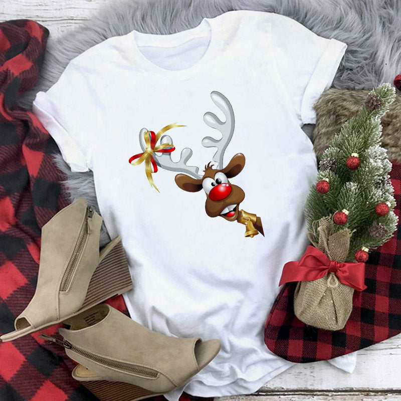 Christmas Movie Print Crew Neck T-shirt Women