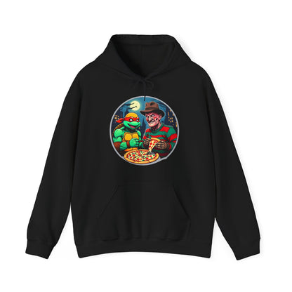 Sudadera unisex con capucha y mezcla pesada Una fiesta de pizza en Elm Street (diseño 2)