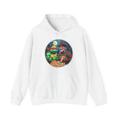 Sudadera unisex con capucha y mezcla pesada Una fiesta de pizza en Elm Street (diseño 2)