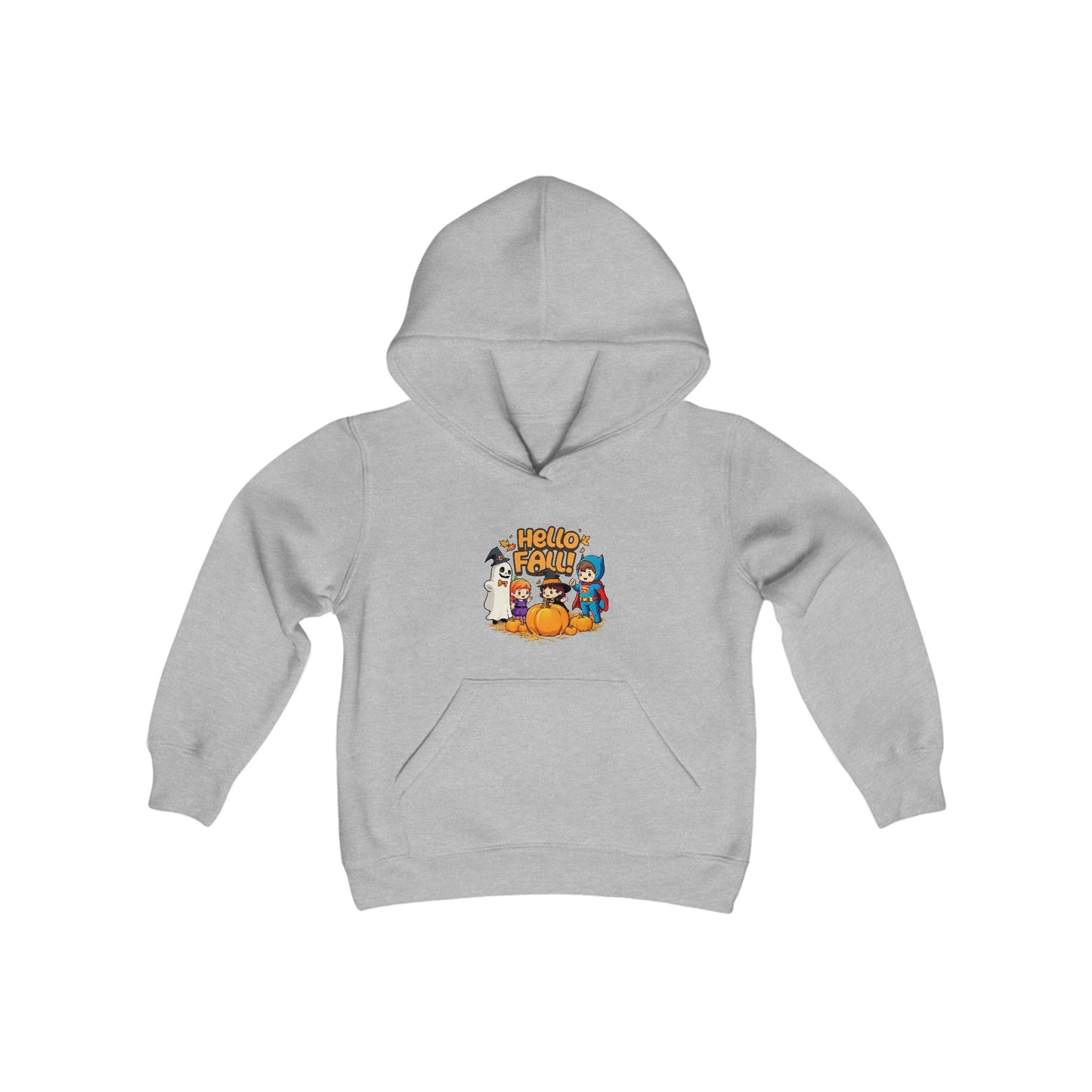 Hello Fall (front) Pun-Kin Pie (back) Youth Heavy Blend Hooded Sweatshirt Hoodie