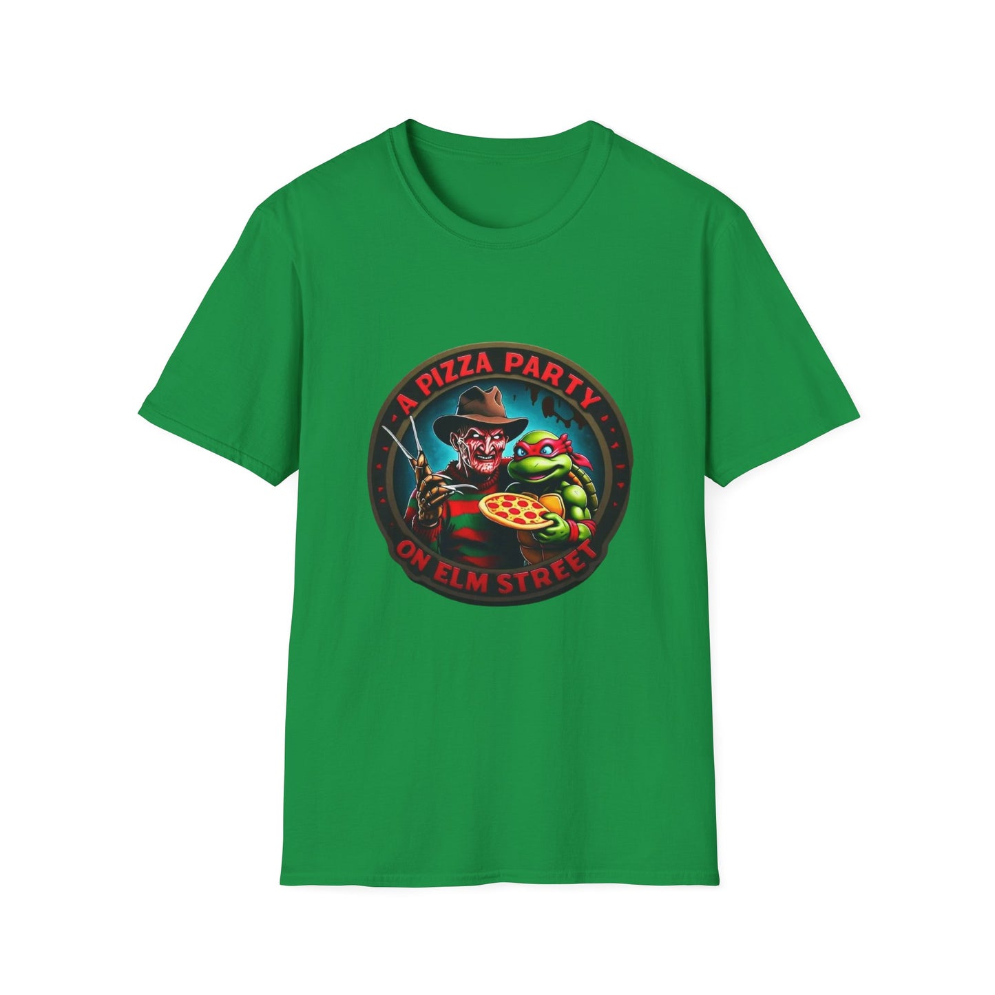 A Pizza Party on Elm Street (Front and Back) Unisex Softstyle T-Shirt