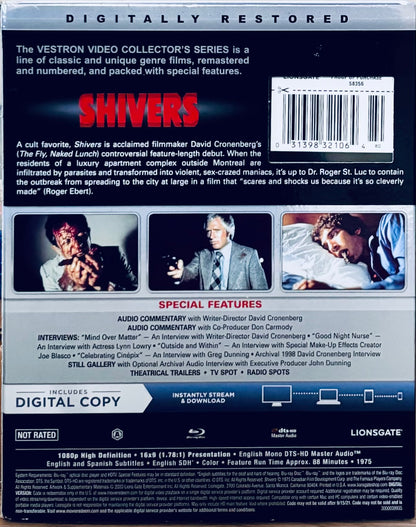 Shivers (Blu-ray) Vestron Video Collector's Series w/ Slipcover VG OOP