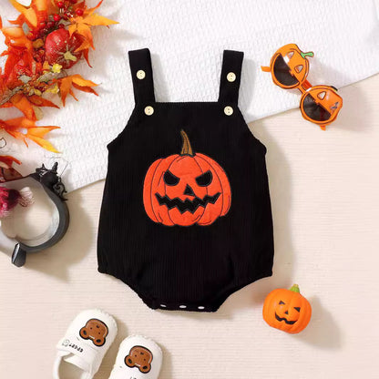 Mono infantil unisex de pana con bordado de toalla y tirantes de calabaza para Halloween