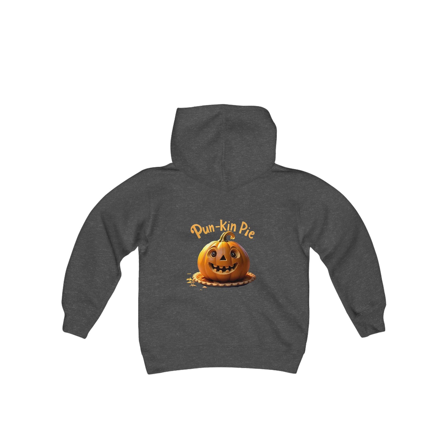 Sudadera con capucha de mezcla pesada para jóvenes Hello Fall (frente) Pun-Kin Pie (parte posterior)