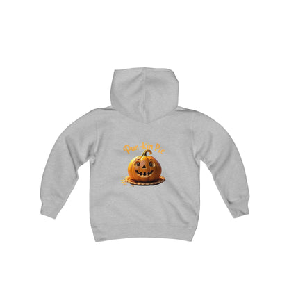 Sudadera con capucha de mezcla pesada para jóvenes Hello Fall (frente) Pun-Kin Pie (parte posterior)