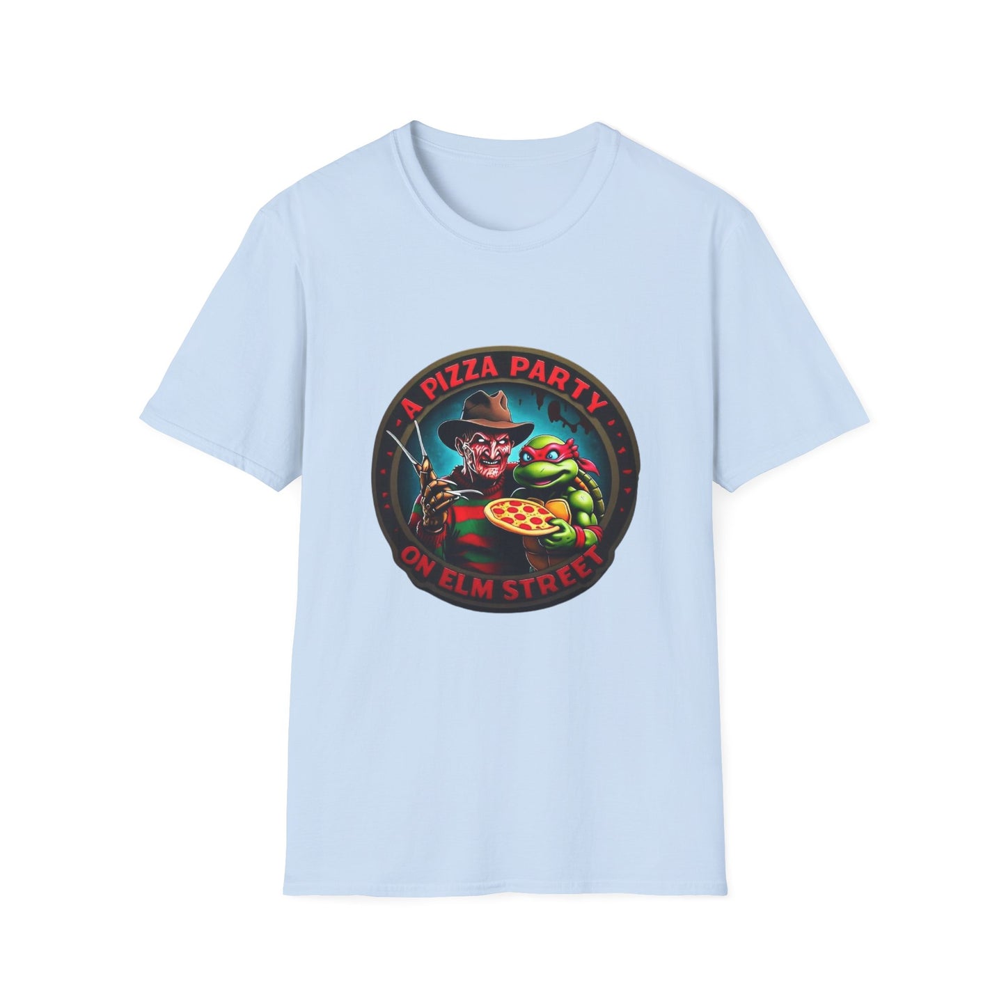 Camiseta unisex de estilo suave Una fiesta de pizza en Elm Street (parte delantera y trasera)