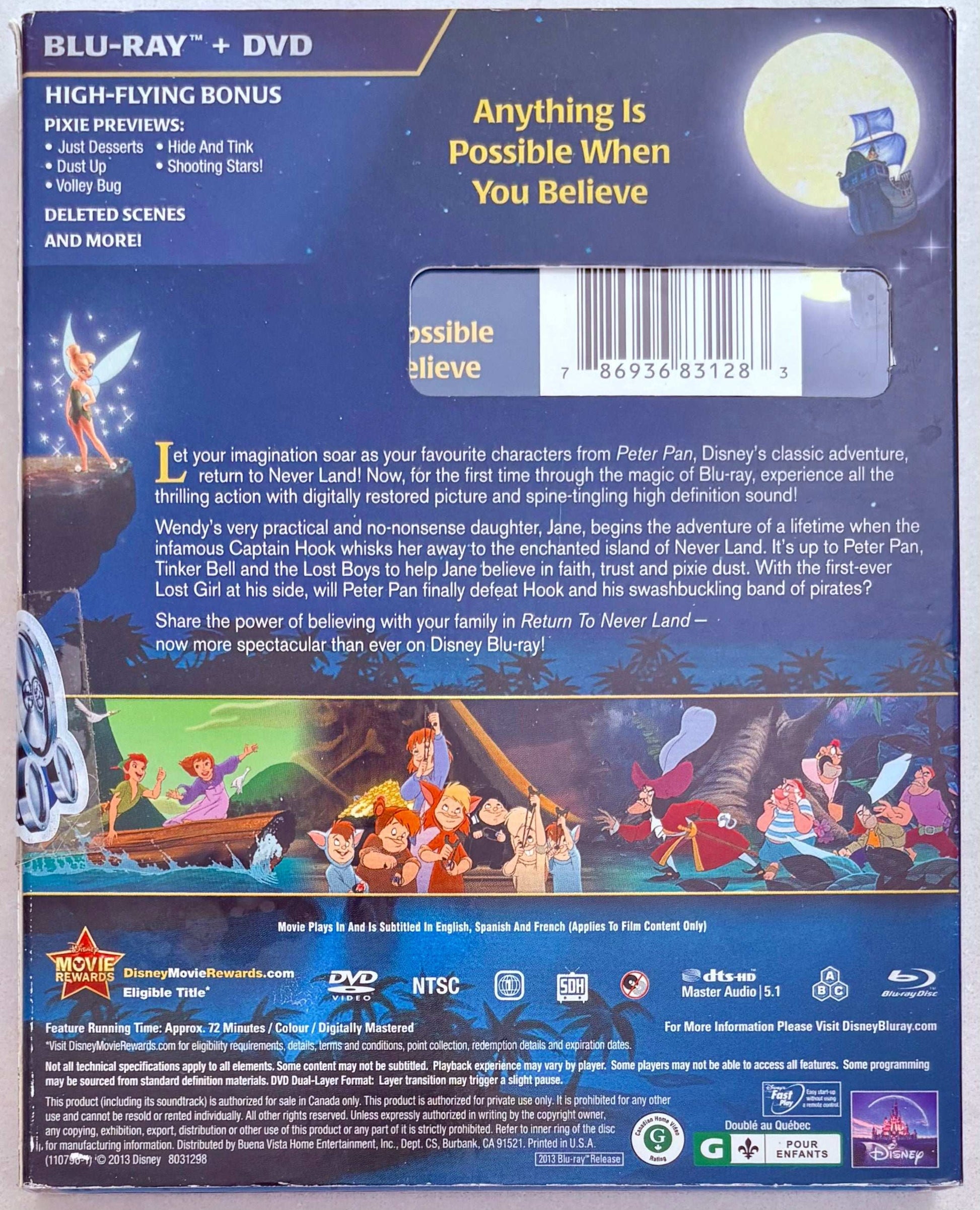 Peter Pan Return to Never Land (Blu-ray ONLY, 2013) Disney Animation w/ Slipcover En/Fr/Sp