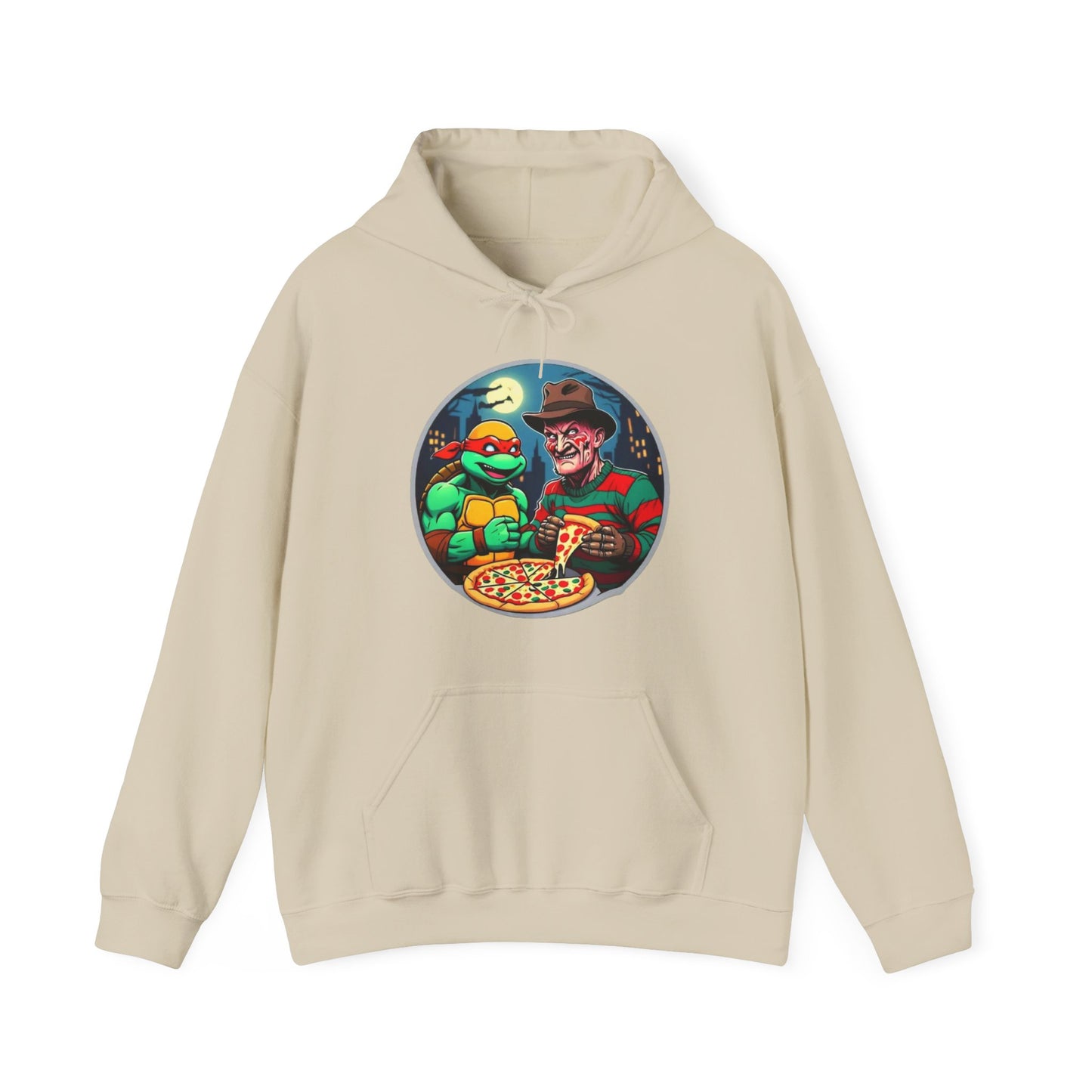 Sudadera unisex con capucha y mezcla pesada Una fiesta de pizza en Elm Street (diseño 2)