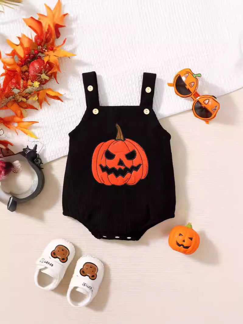 Mono infantil unisex de pana con bordado de toalla y tirantes de calabaza para Halloween