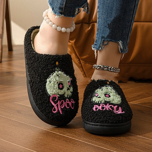 Zapatillas de casa con interior de calavera verde para Halloween