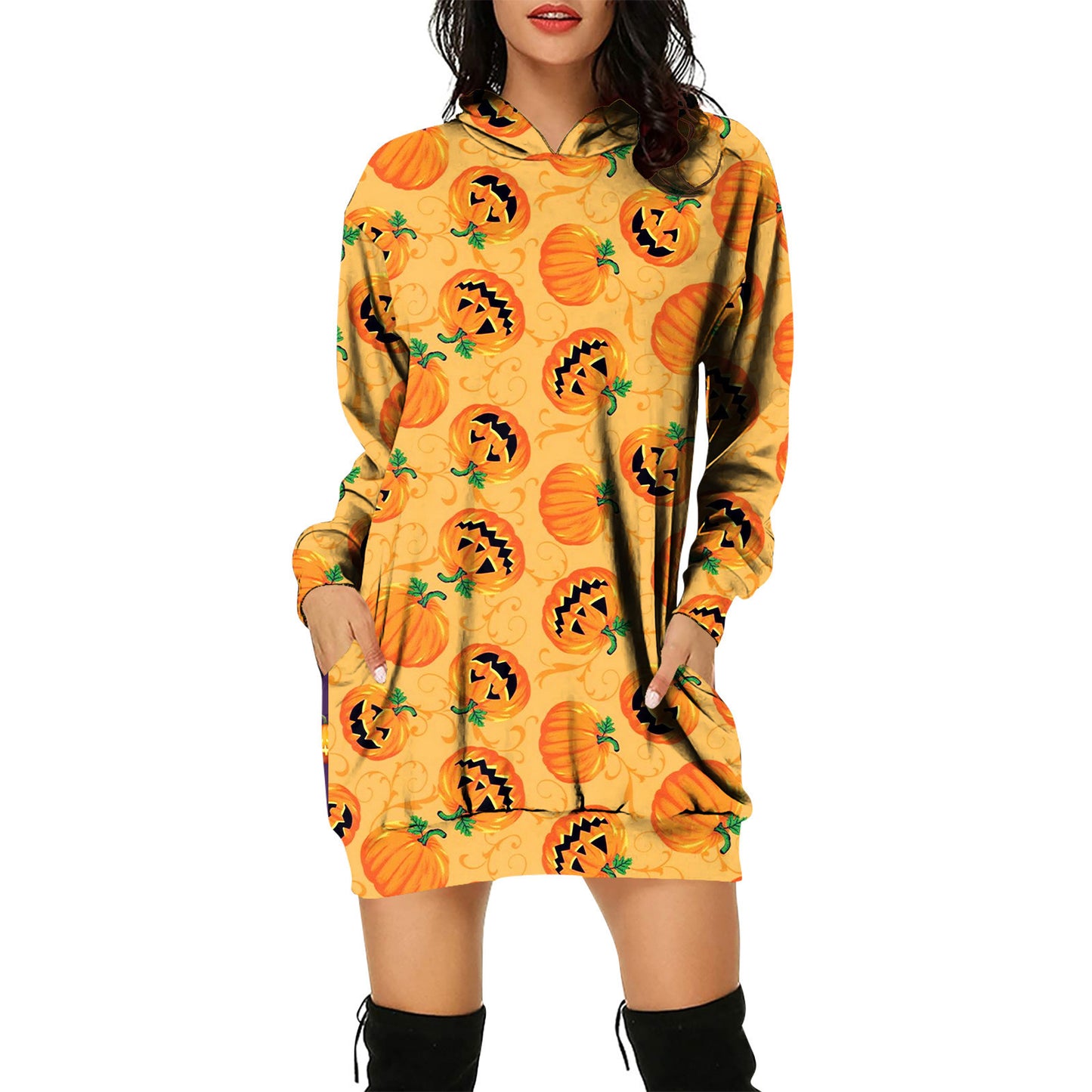 Halloween Theme Women's Pullover Hooded Sweater Dress