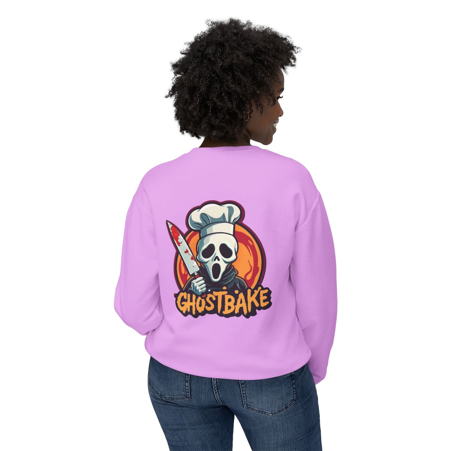 Sudadera unisex ligera con cuello redondo Ghostbake (delante y detrás)