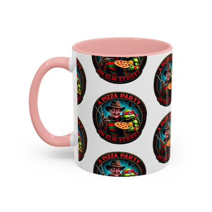 Taza de café decorativa con diseño de fiesta de pizza en Elm Street (11 y 15 oz)