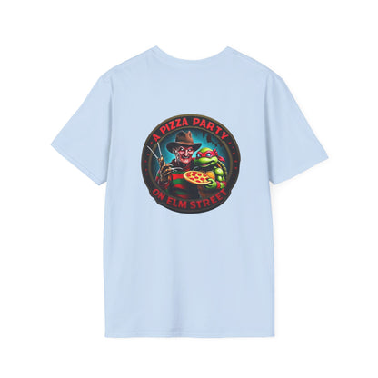 Camiseta unisex de estilo suave Una fiesta de pizza en Elm Street (parte delantera y trasera)