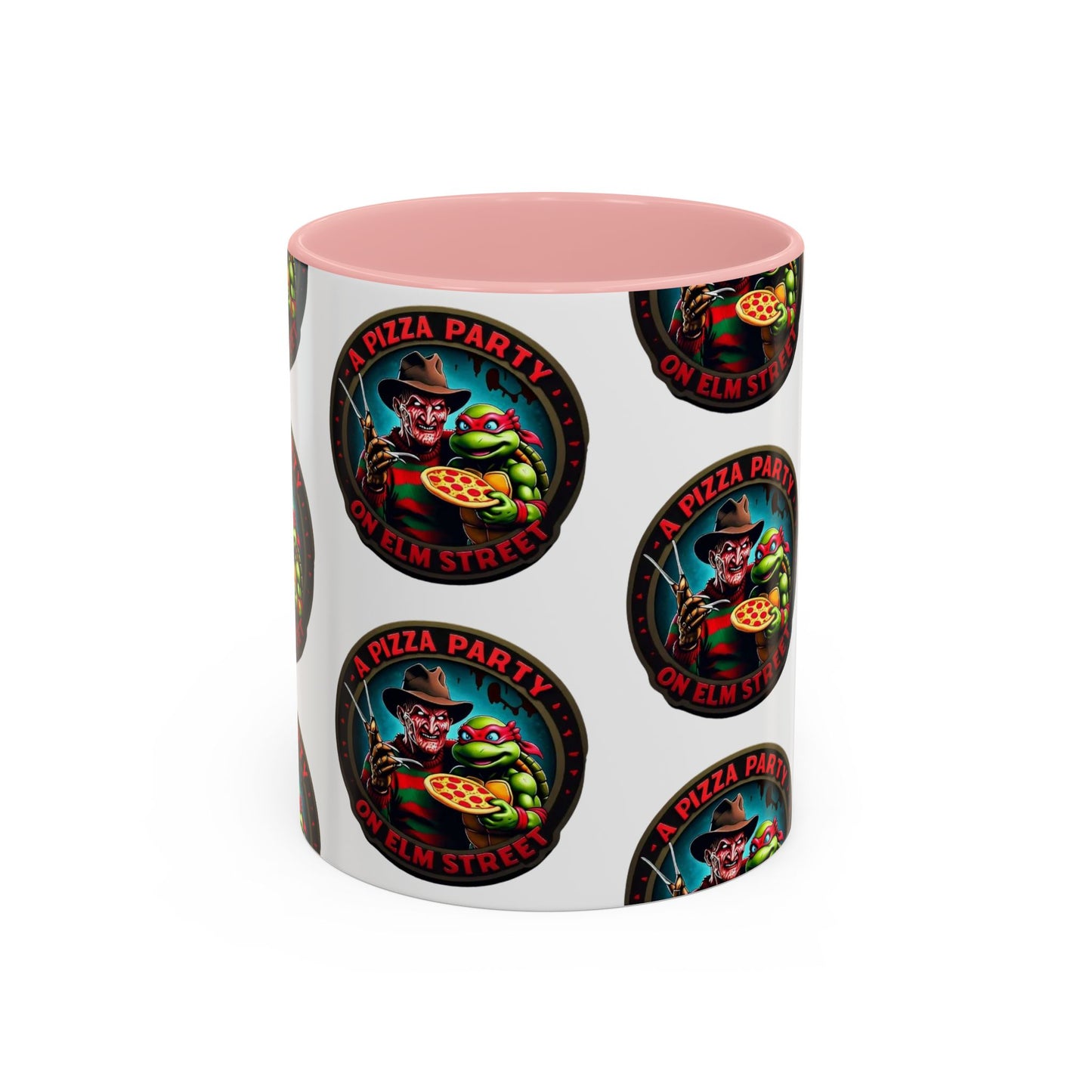 Taza de café decorativa con diseño de fiesta de pizza en Elm Street (11 y 15 oz)