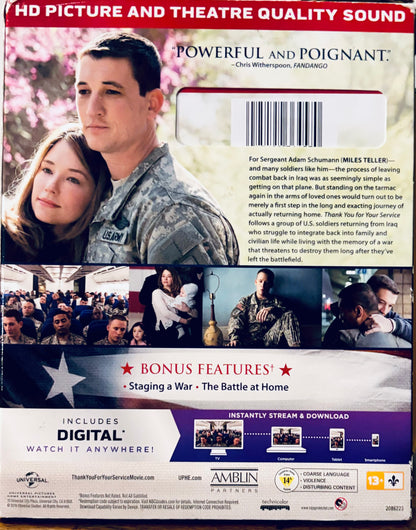 Thank You For Your Service (Blu-ray ONLY, 2018) En/Sp w/ Slipcover Biography/War