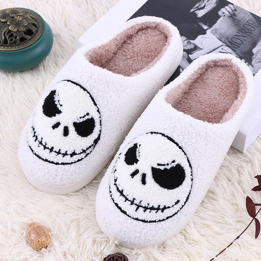 Halloween Skull-smirk Home Slippers Indoor Funny Non-slip House Shoes Winter Warm Bedroom Slippers For Women Men White