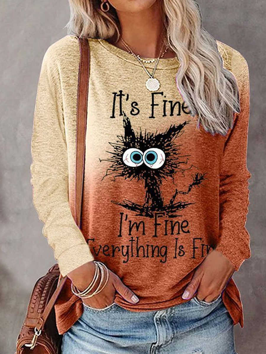 Halloween Gradient Printing Long-sleeved T-shirt Round Neck Women