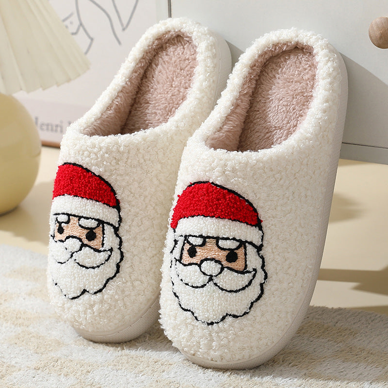 Zapatillas de casa navideñas con bonitos dibujos de Papá Noel, zapatillas de algodón para mujeres y hombres, zapatos cálidos y peludos para el invierno