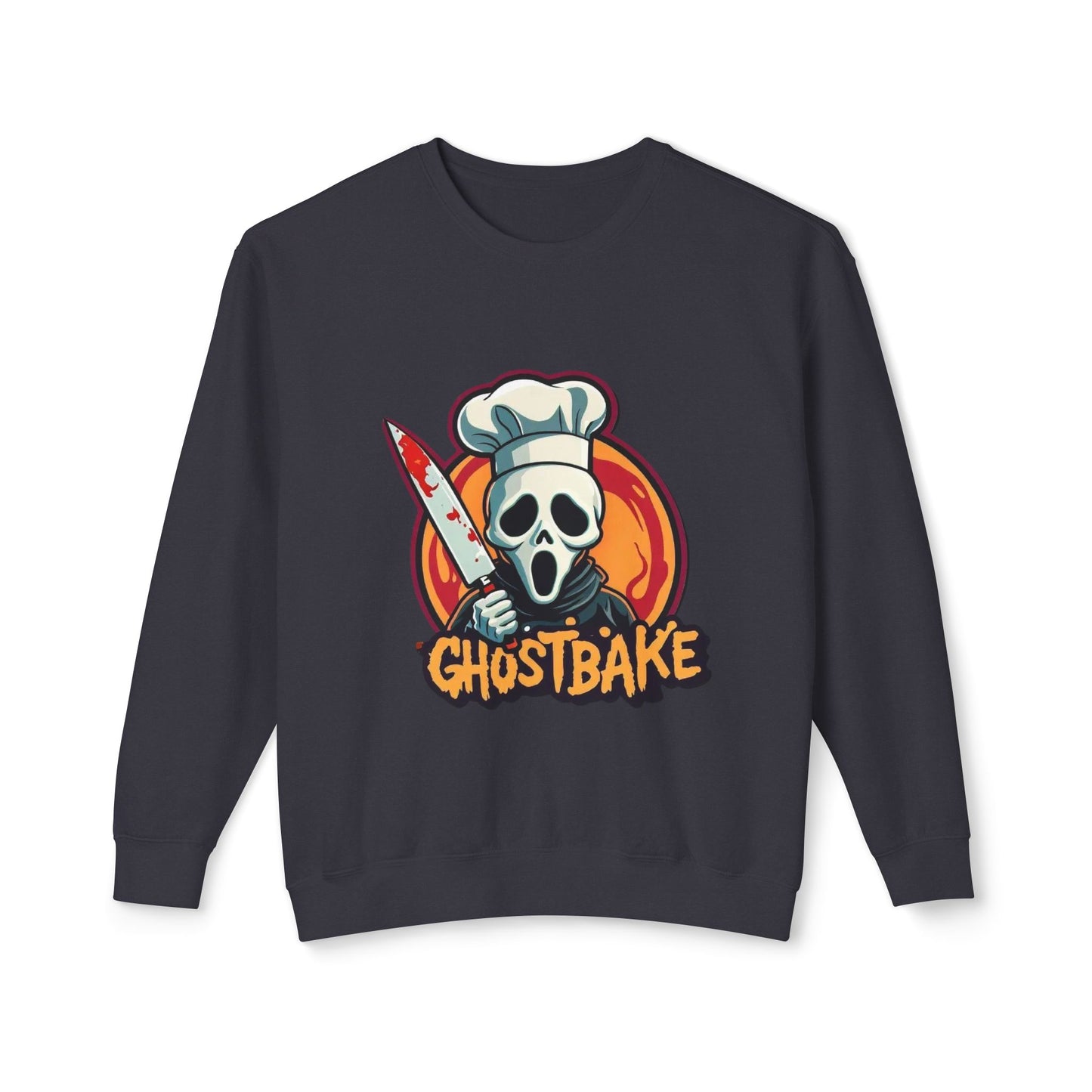 Sudadera unisex ligera con cuello redondo Ghostbake (delante y detrás)