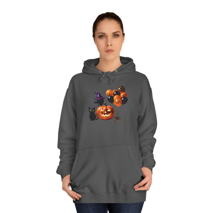 Sudadera unisex universitaria con capucha de gato negro y calabaza de Halloween