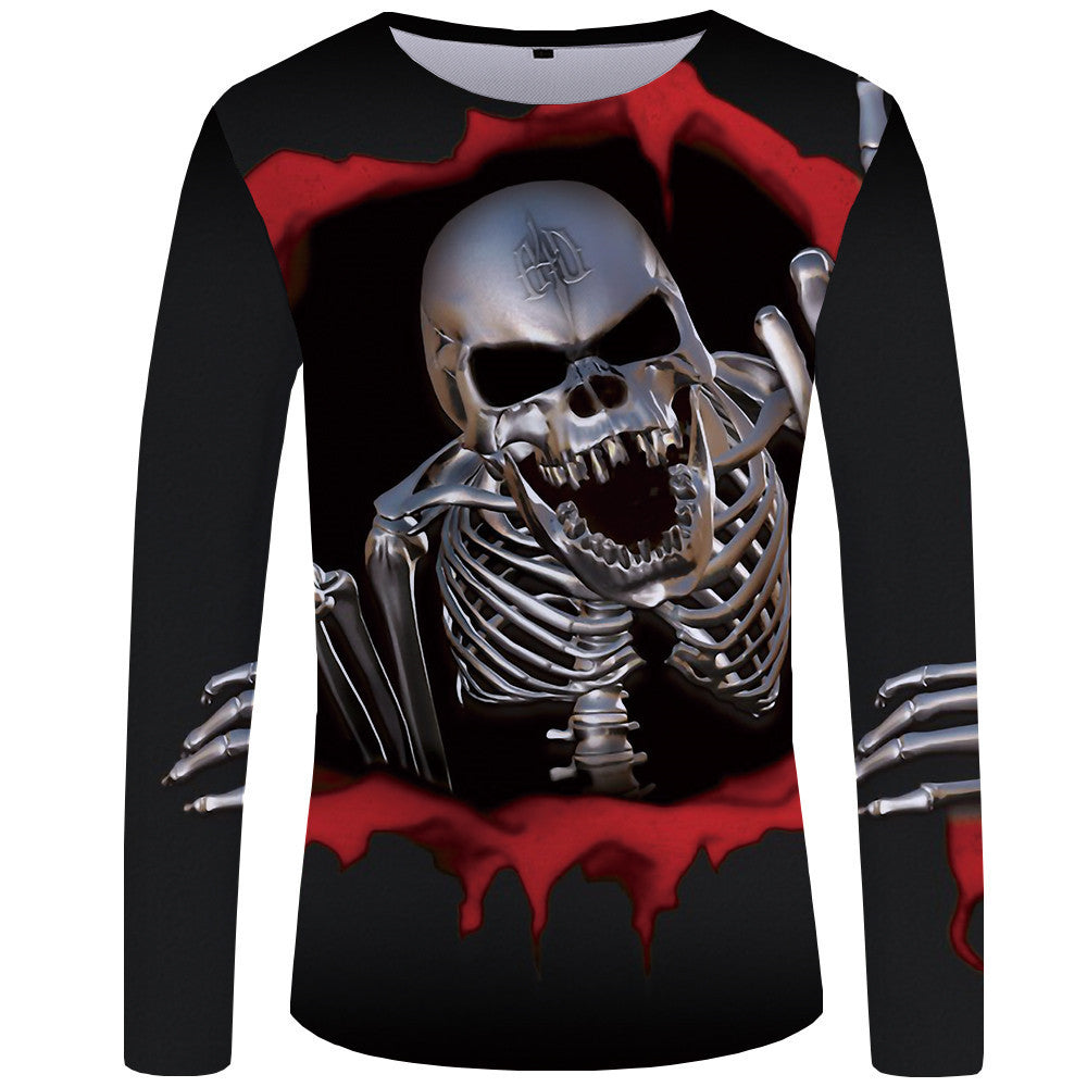 Long Sleeve 3d Horror Skull Digital Print T-shirt Black