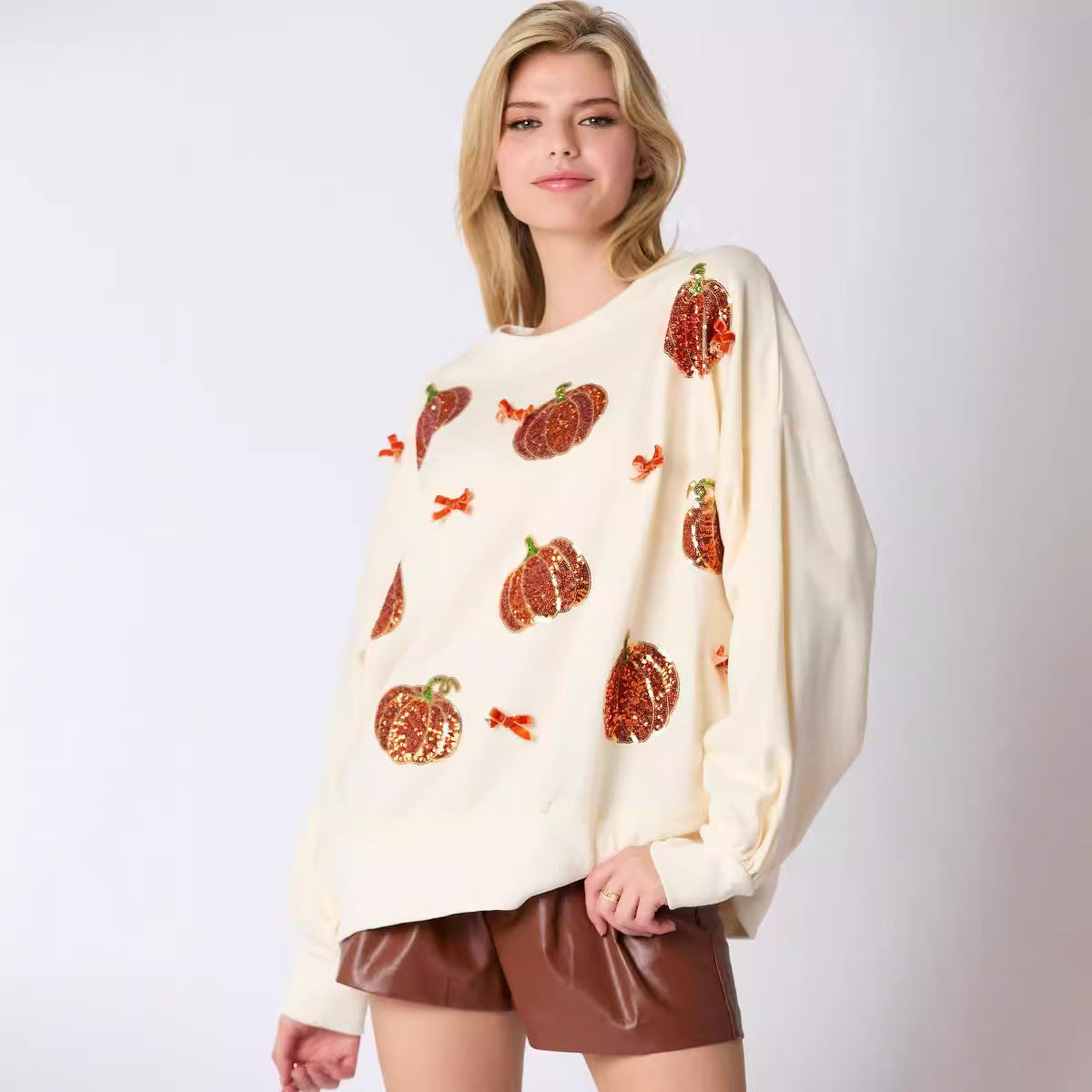 Women's Halloween Pumpkin Embroidered Sweater Loose Casual Top Sequined Pumpkin Bow