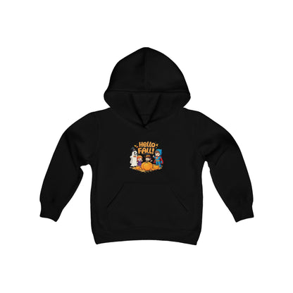 Hello Fall (front) Pun-Kin Pie (back) Youth Heavy Blend Hooded Sweatshirt Hoodie