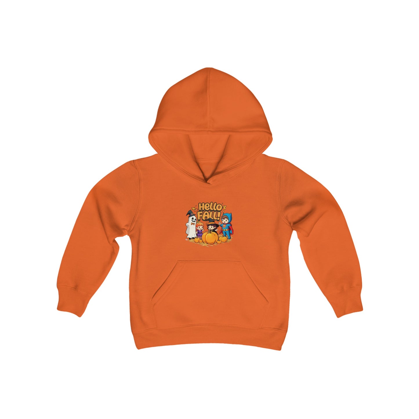 Hello Fall (front) Pun-Kin Pie (back) Youth Heavy Blend Hooded Sweatshirt Hoodie