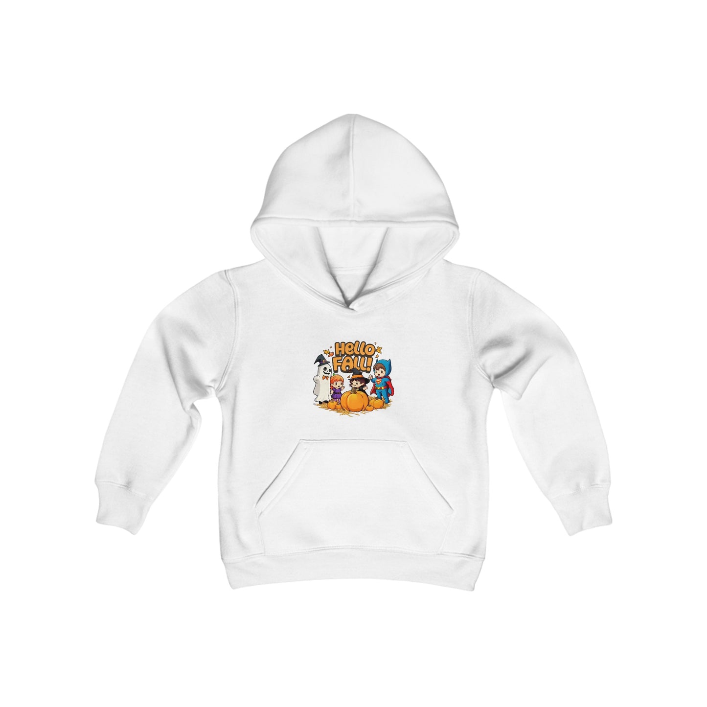 Hello Fall (front) Pun-Kin Pie (back) Youth Heavy Blend Hooded Sweatshirt Hoodie